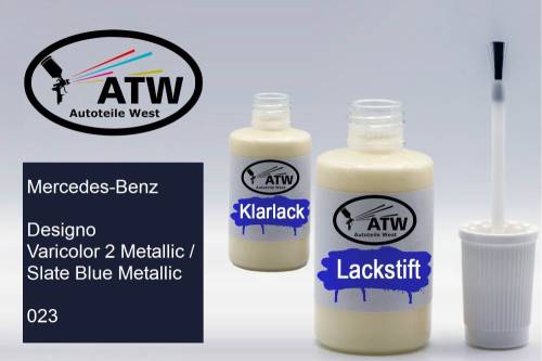Mercedes-Benz, Designo Varicolor 2 Metallic / Slate Blue Metallic, 023: 20ml Lackstift + 20ml Klarlack - Set, von ATW Autoteile West.